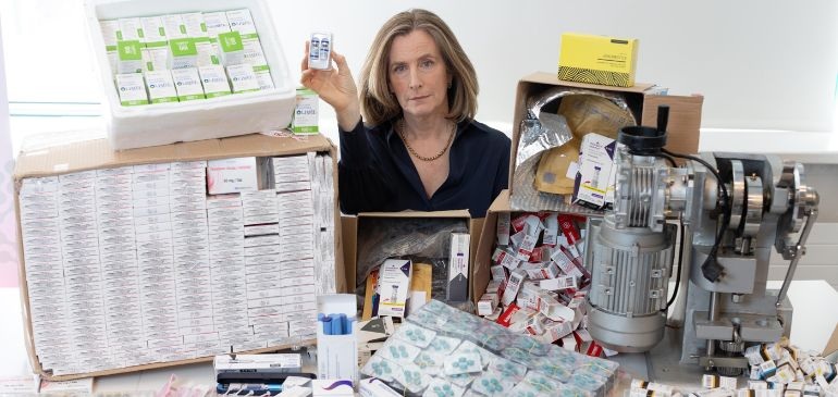 HPRA Director of Compliance Grainne Power shows examples of illegal medicines detained by the HPRA in 2024. 